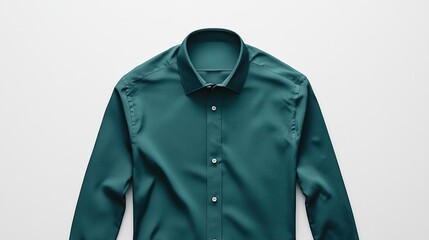 A teal dress shirt laid flat on a white background, showcasing its design and color.