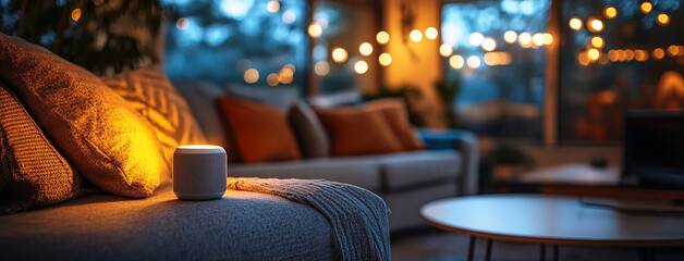 Fototapeta premium wide horizontal background cover banner photo of wifi smart home assistant control device glowing on a modern interior living area with sofa and coffee table 