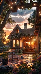 Fototapeta premium A summer evening on the patio of a quaint suburban home