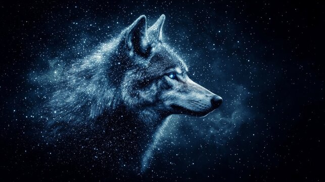 Mystical wolf silhouette surrounded by ethereal mist and stars, capturing the essence of nature's wild spirit.