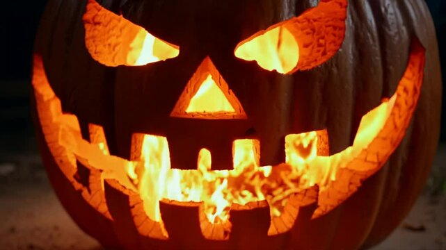 Terrifying carved Halloween pumpkin in blazing hellfire