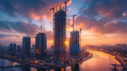 Obraz premium Evening view of a skyscraper under construction with lights in the background