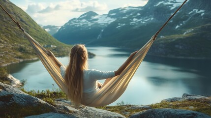 Woman relaxing in hammock travel lifestyle summer vacations outdoor in Norway girl enjoying nature view harmony eco tourism camping trip : Generative AI