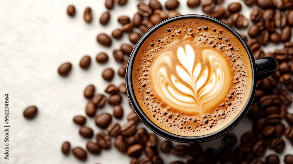 Poster Coffee menu Latte and coffee beans on white background with isolated style : Generative AI