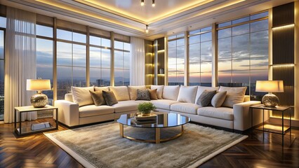 Fototapeta premium Soft ambient lighting illuminates a sleek glass-top coffee table, nestled on plush carpet, surrounded by floor-to-ceiling windows with refined gold frames, inviting lingerers.