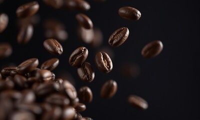 floating coffee beans, bokeh background