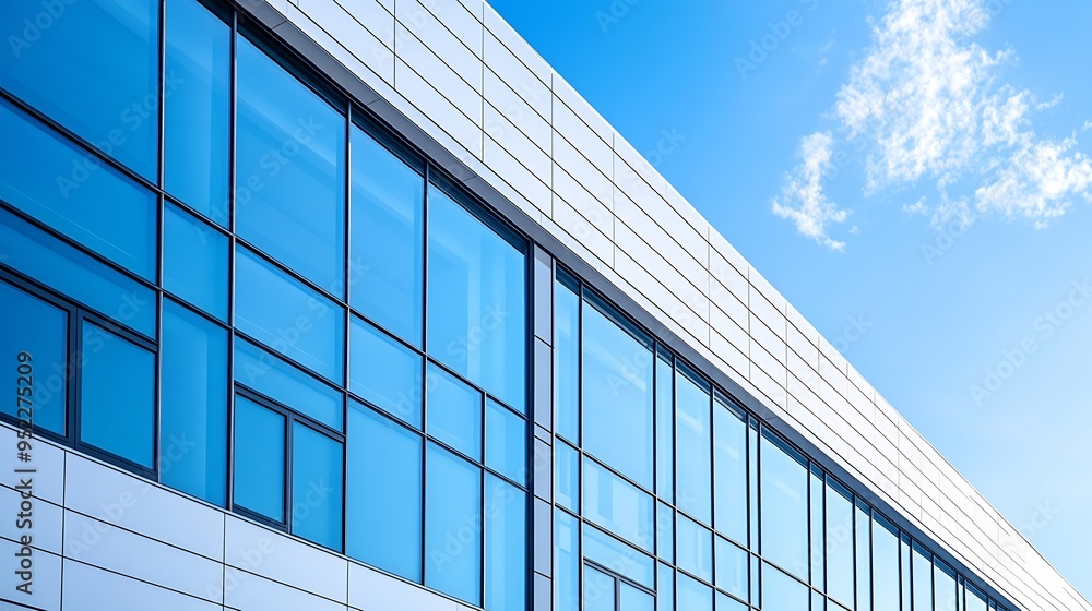 Aufkleber row of glass windows on white modern office building against blue clear sky in low angle and perspec