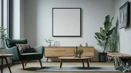 Interior design of stylish living room with mock up poster frame copy space green armchair round coffee table wooden sideboard brown plaid pillow and personal accessories Home decor Te : Generative AI