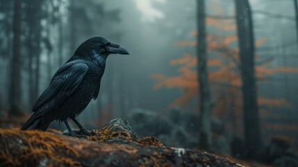 A black raven, like a shadow, appears in the dense forest fog