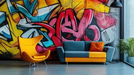 Urban-style graffiti wallpaper in bold colors, adding a street-art vibe to a modern living space.