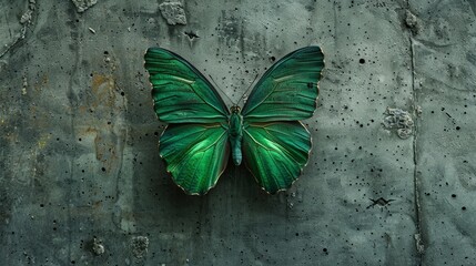 On a worn-out concrete wall, a green butterfly looks like a fresh breath in a world full of restrictions
