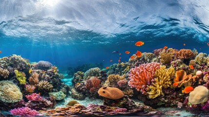 Naklejka premium Vibrant coral reefs and marine life in the waters of Raja Ampat, Indonesia. No people, copy space.