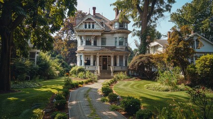 A small street leading to the old white Victorian exterior of the mansion
