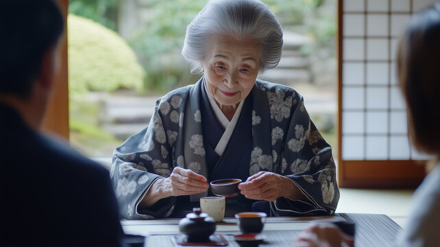 お茶会での伝統的な和服姿の優雅な女性