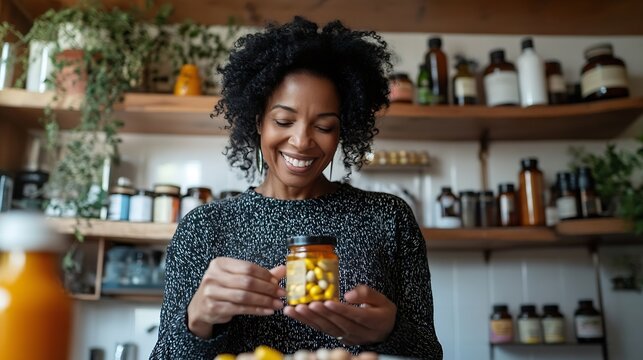 Black woman smiling as she adds vitamin supplements to her breakfast to support her health Mature woman enjoying a balanced diet taking extra care to ensure shes getting all the nutrie : Generative AI