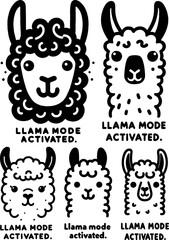 llama illustration, black and white, minimalist art, Llama mode activated text