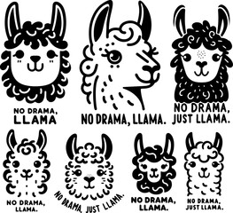 llama illustration, black and white, minimalist art, No drama, llama text