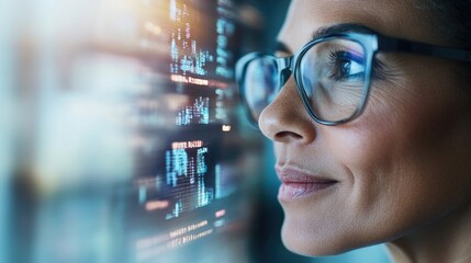 Woman in glasses looks intently at a digital screen with data and code reflecting in the glasses
