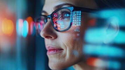 Woman in glasses looks intently at a digital screen with data and code reflecting in the glasses