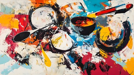 Vibrant Abstract Painting with Bold Brushstrokes and Splattered Colors on Canvas