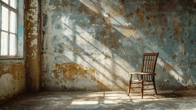 Time seemed to stand still in this abandoned room. Concrete walls covered in dust and cracks surround a wooden chair and table that embody the spirit of the past
