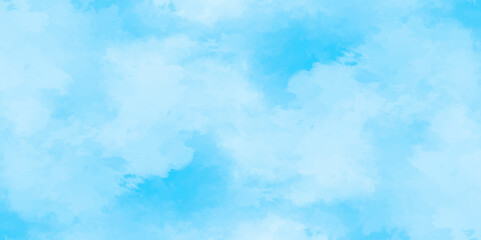blue sky with clouds. Light sky blue shades watercolor background. Sky Nature Landscape Background. sky background with white fluffy clouds.><	