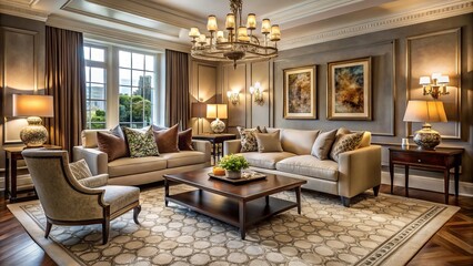 Naklejka premium * Soft lighting and plush carpeting surround sleek furniture, a statement chandelier, and a geometric rug in an earthy palette, exuding understated luxury.