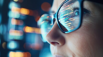 Woman in glasses looks intently at a digital screen with data and code reflecting in the glasses
