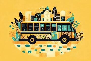 Illustration d'un bus scolaire stylisé avec paysage urbain