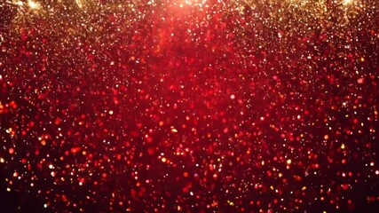 Festive Red Background with Falling Glitter Particles and Confetti in a Magical Light Display