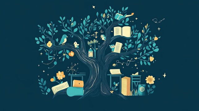 Illustration d'un arbre avec des livres, oiseaux et objets &eacute;ducatifs