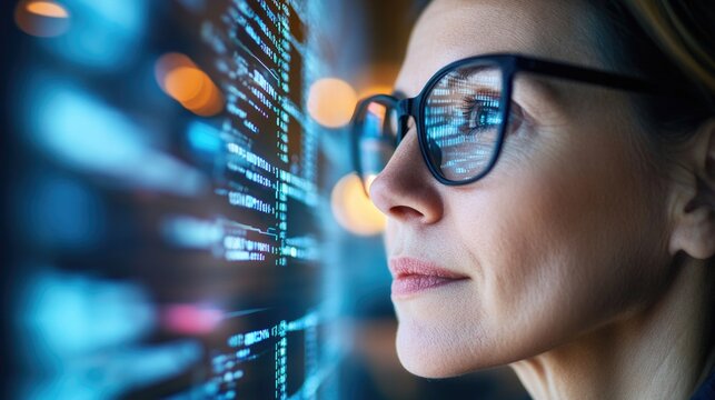 Woman in glasses looks intently at a digital screen with data and code reflecting in the glasses