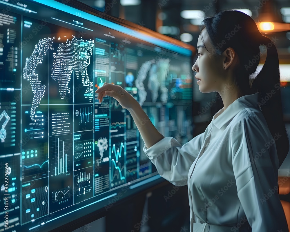 Poster analyst examining advanced data processing and analytics on holographic screens