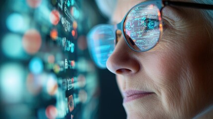 Woman in glasses looks intently at a digital screen with data and code reflecting in the glasses