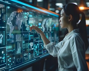 Analyst Examining Advanced Data Processing and Analytics on Holographic Screens