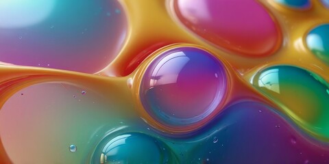 Abstract background of holographic bubbles floating on a colorful liquid surface