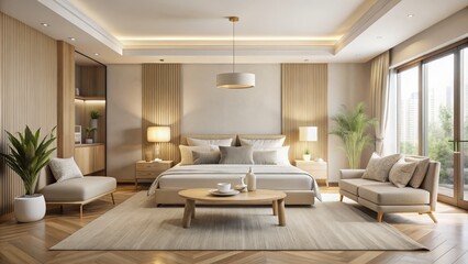 Fototapeta premium Softly illuminated, the serene space unfurls, weaving together minimalist chic aesthetics, soothing beige and white hues, and warm wood accents, cultivating a sense of peaceful intimacy.