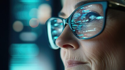 Woman in glasses looks intently at a digital screen with data and code reflecting in the glasses