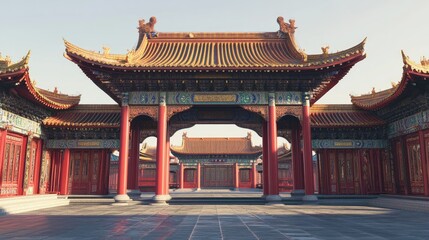 Fototapeta premium A Chinese temple gate with intricate carvings and red pillars. No people, clear sky.