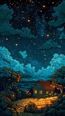 Obraz premium Night on the farm illustration poster background