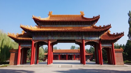 Naklejka premium A Chinese temple gate with intricate carvings and red pillars. No people, clear sky.