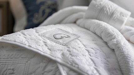Close-up of a towel set with a monogram embroidered on the corner, showing the fine stitching detail.