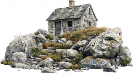 Fissures and cracks in the rocks mirror the house’s own weathered facade, both shaped by time
