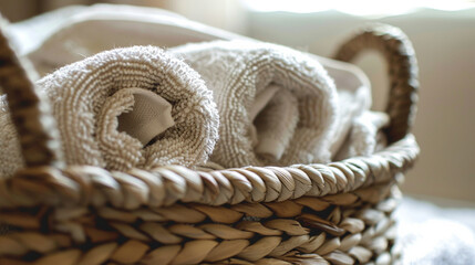 Obraz premium Close-up of a towel with a ribbed texture, rolled up and placed in a woven basket for a cozy look.