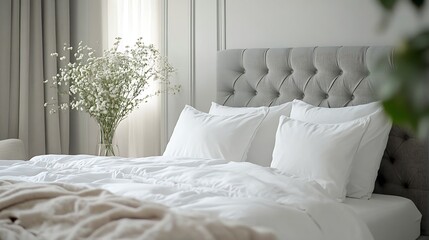 Luxury empty bedroom interior fragment soft gray headboard and white bedding sheets on wide double bed : Generative AI