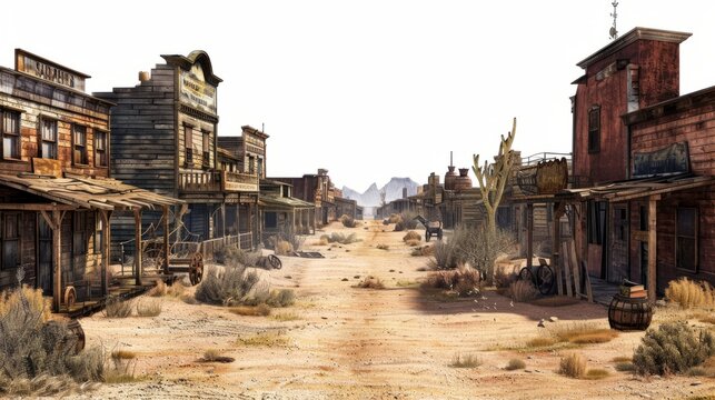 An abandoned old western town with ramshackle wooden buildings and empty roads, full of history