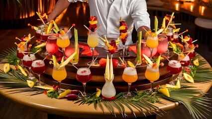 Exotic alcohol cocktails set with fruits