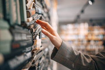 A hand reaches for a book in a dusty bookstore