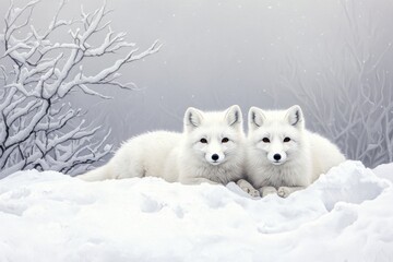 Two beautiful arctic foxes resting in the snow, surrounded by a serene winter landscape, exuding tranquility and elegance.