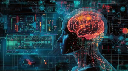 Graphic representation of the MiBMI system decoding 31 different characters from neural signals, showing text formation on a screen